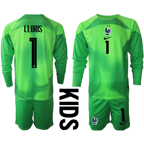 Dětský Fotbalový dres Francie Hugo Lloris #1 Brankářské MS 2022 Venkovní Dlouhý Rukáv (+ trenýrky)